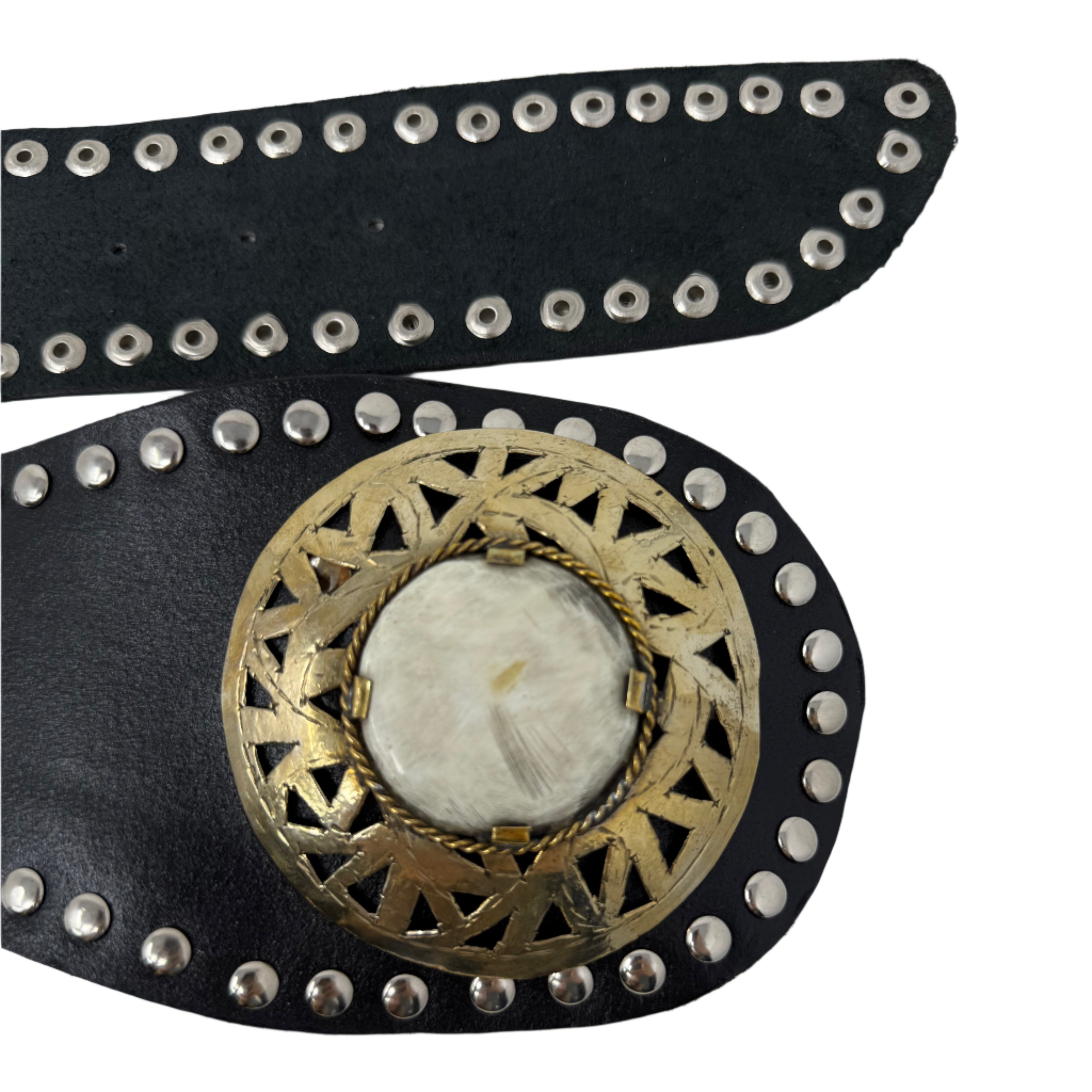 Black Boho Studded Leather Belt – Full-Grain Leather with Horn & Metal Buckle