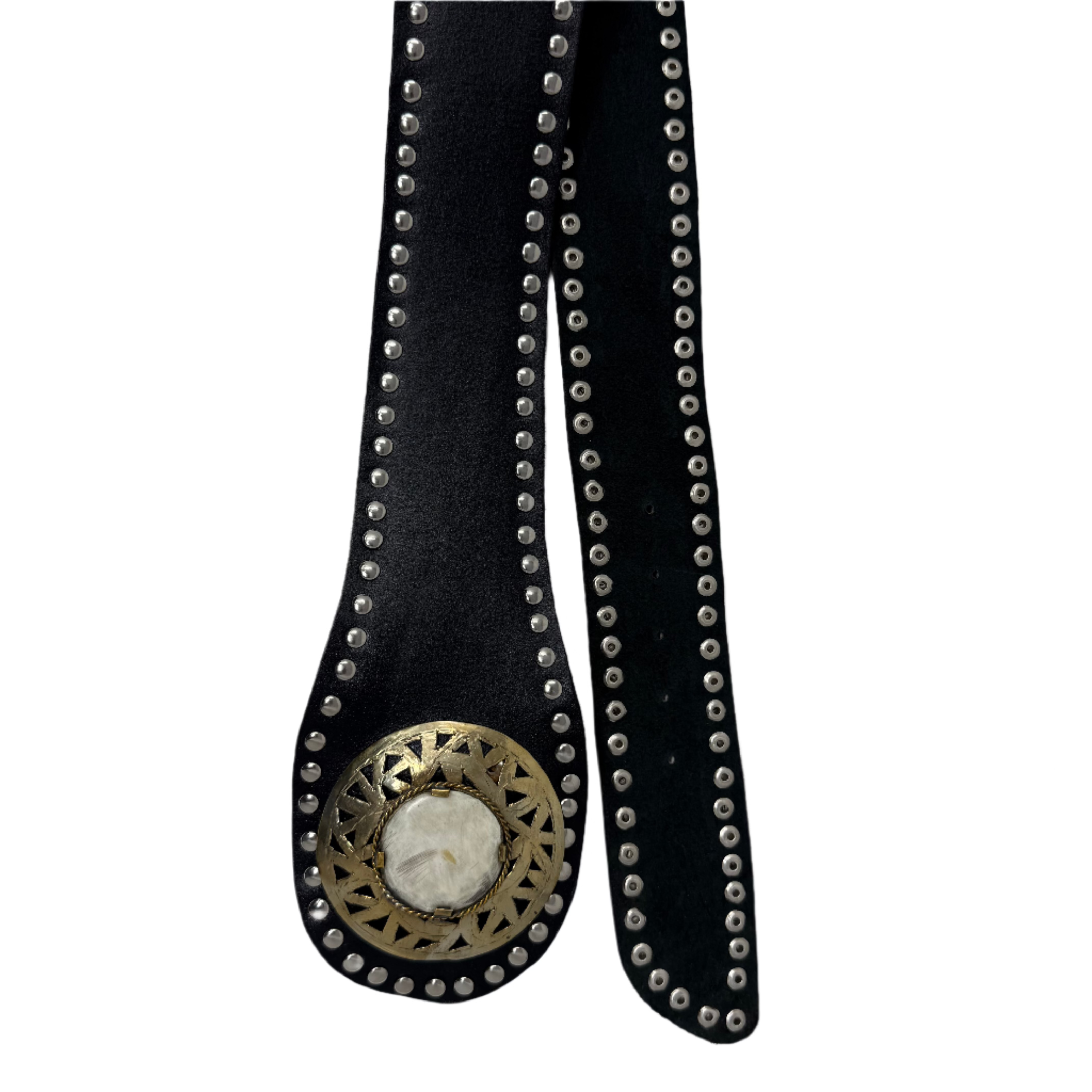 Black Boho Studded Leather Belt – Full-Grain Leather with Horn & Metal Buckle