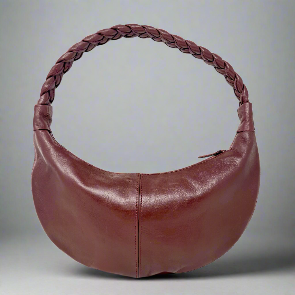 Burgundy Half Moon Leather Shoulder Bag – Handmade with Braided Handle