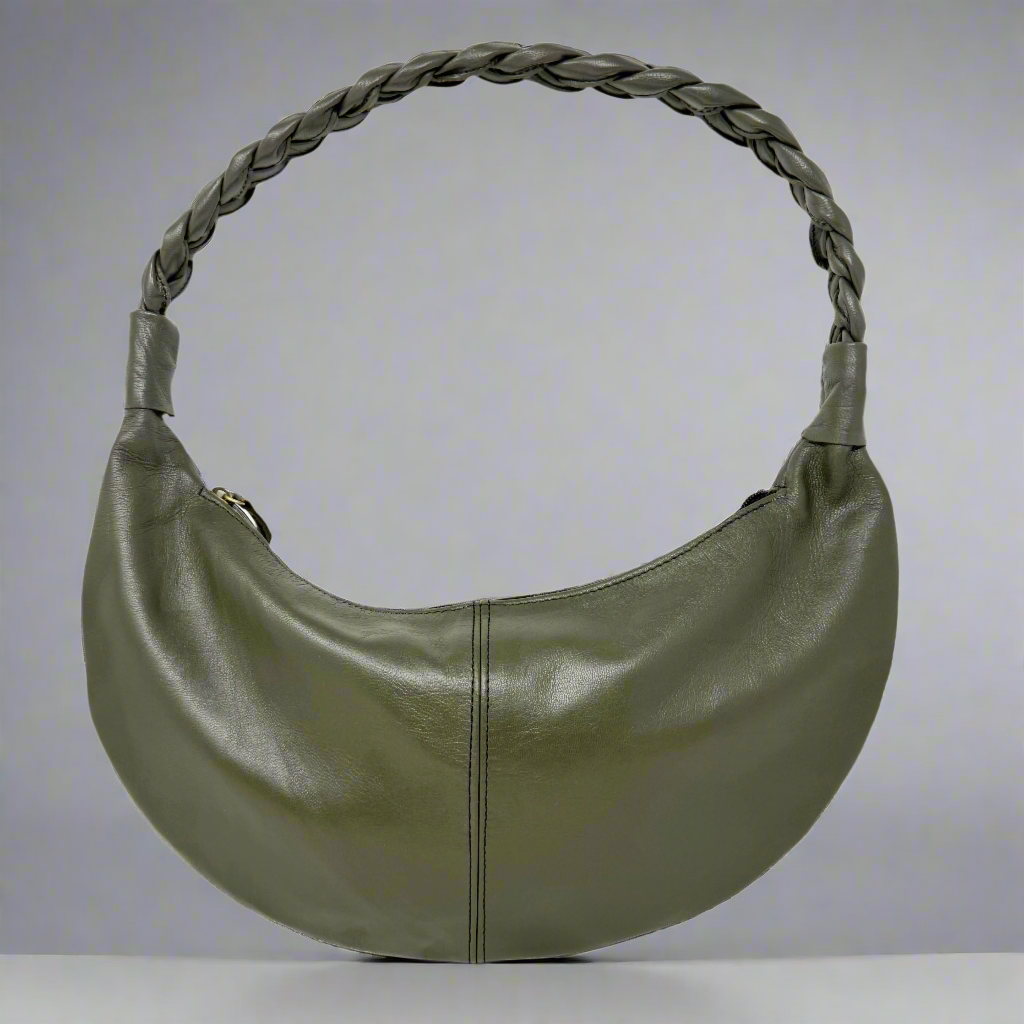 Olive Green Half Moon Leather Shoulder Bag – Handmade with Braided Handle