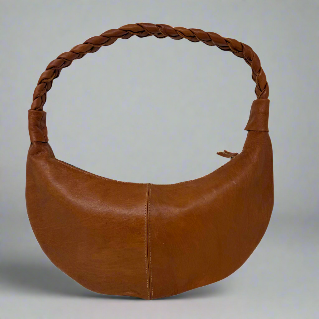 Tan Half Moon Leather Shoulder Bag – Handmade with Braided Handle