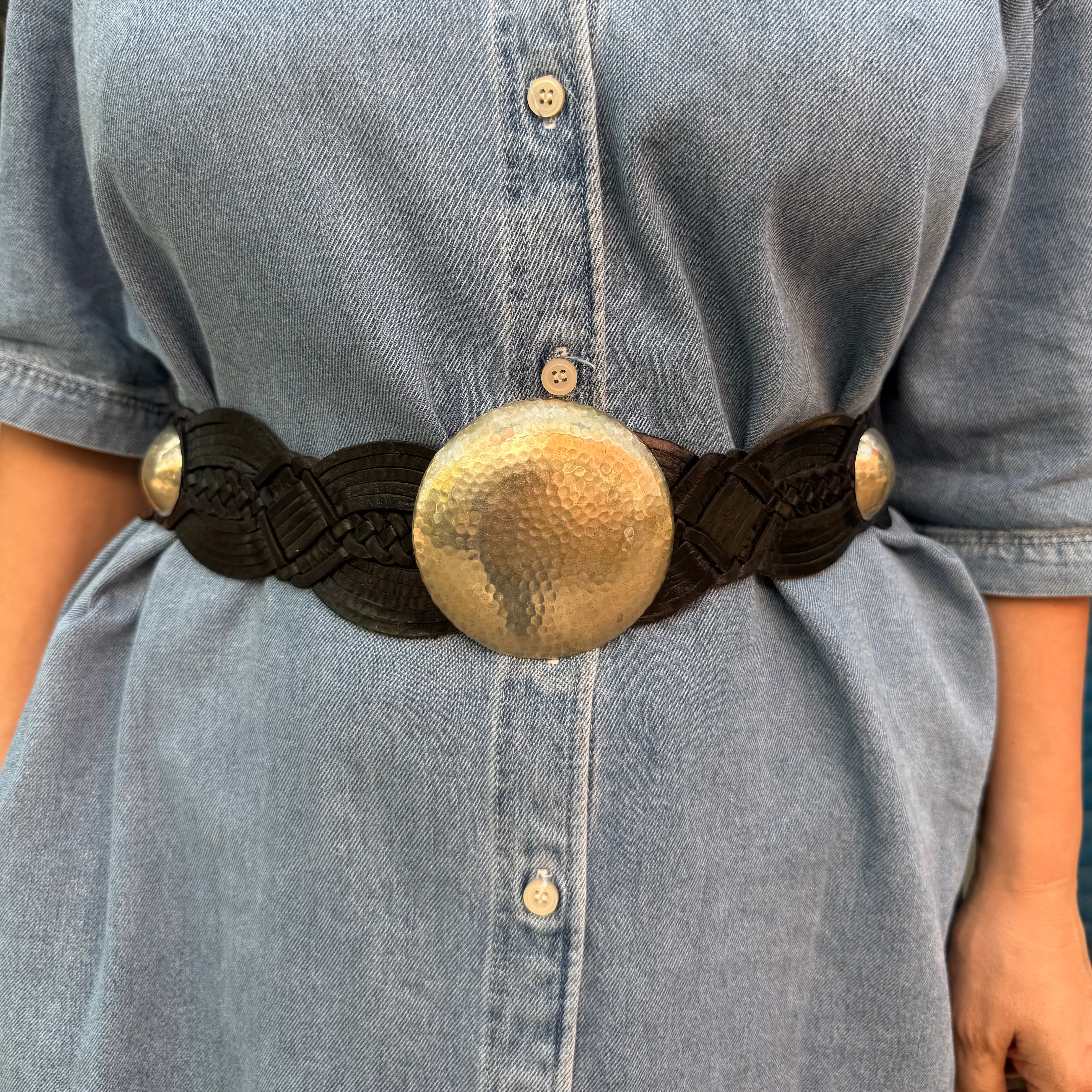 Black Boho western woven Leather Belt – Vintage Look, Silver Buckle