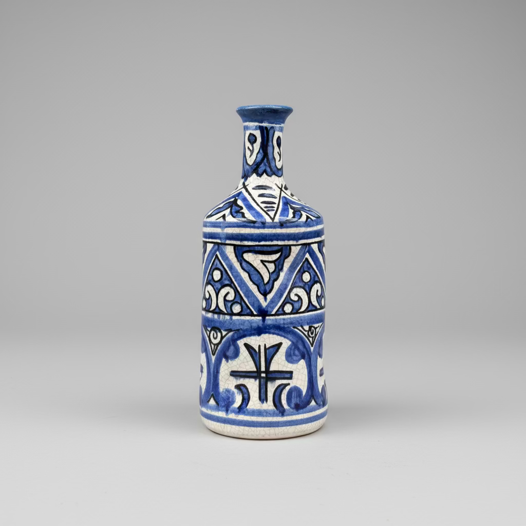Hand-Painted Ceramic Vase – Blue Geometric 29cm