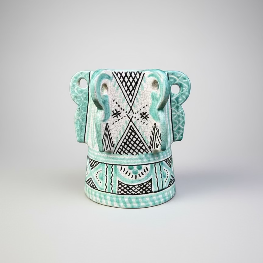 Hand-Painted Ceramic Vase – Turquoise Geometric Design 17cm