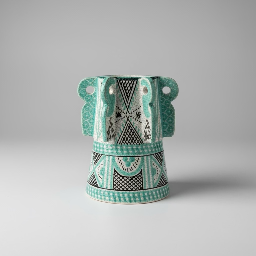 Hand-Painted Ceramic Vase – Turquoise Geometric Design 20cm