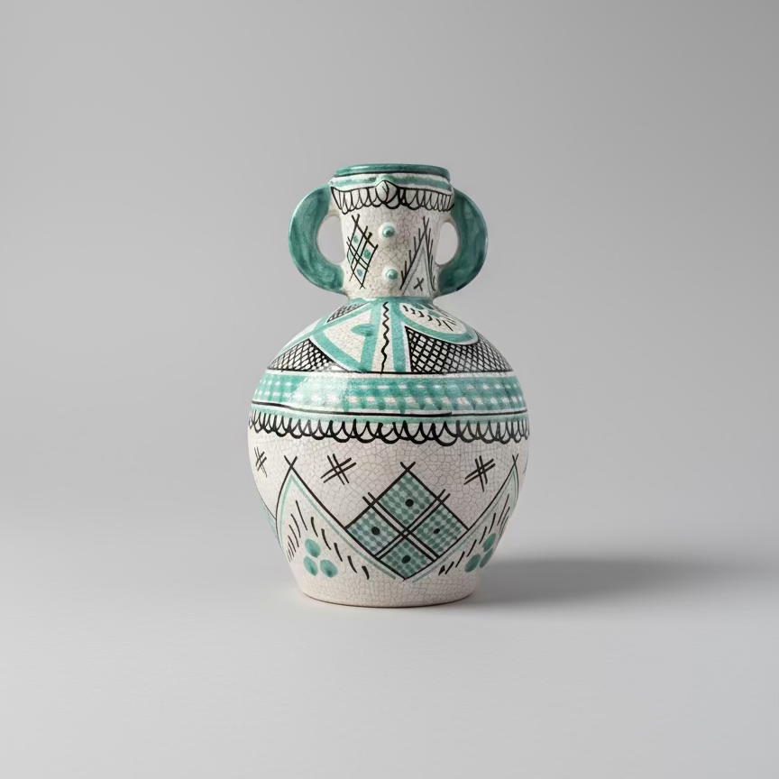 Hand-Painted Ceramic Vase – Turquoise Geometric Design 28cm