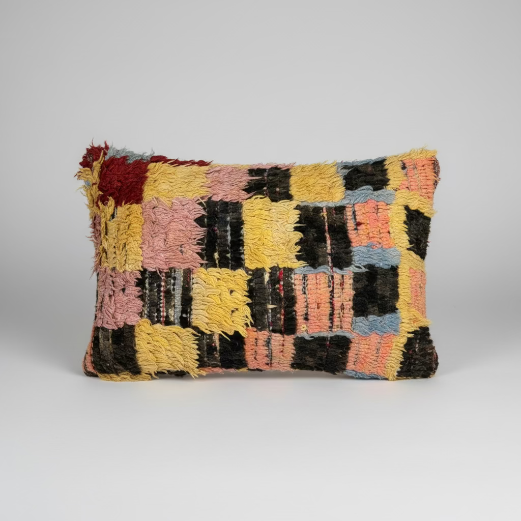 Handwoven Boujaad Cushion Cover – Multicolour Patchwork 57×39cm
