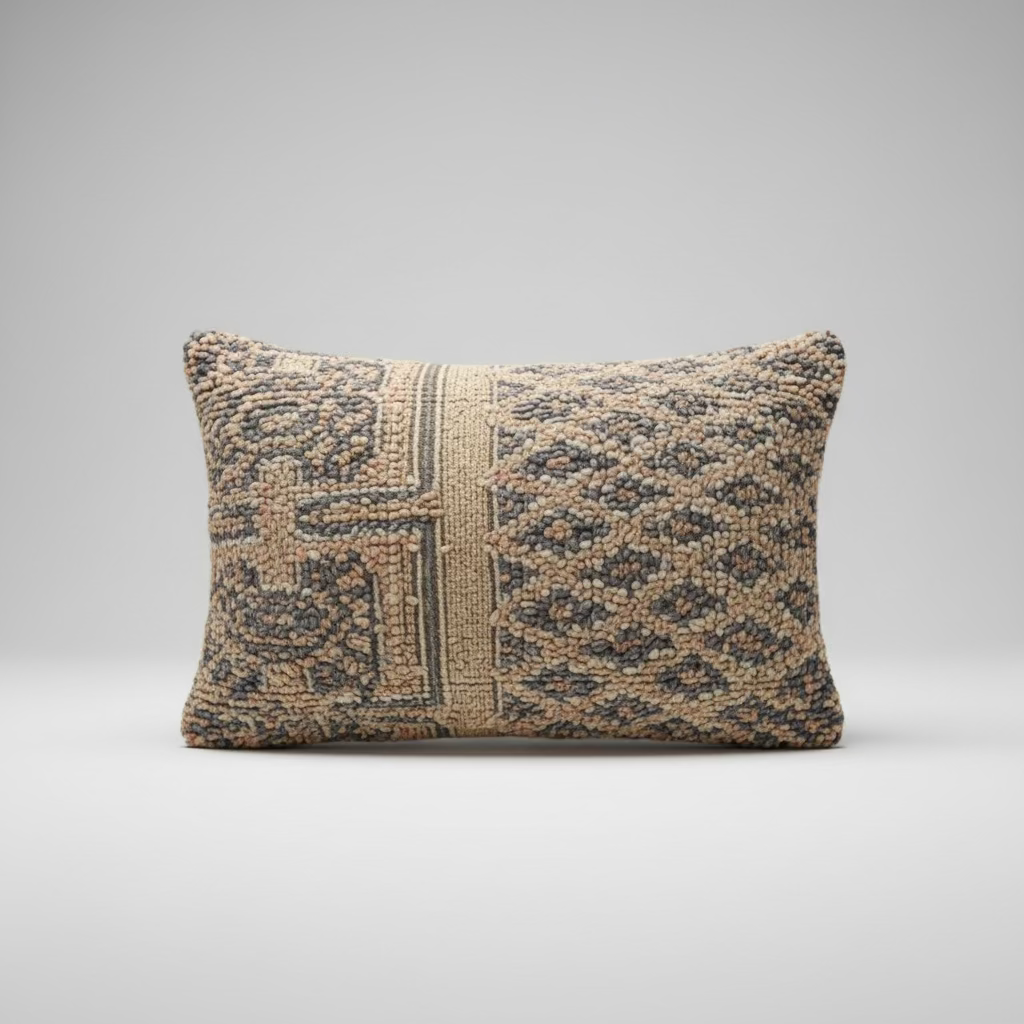 Handwoven Boujaad Cushion Cover – Soft Beige & Blue Pattern 57×39cm