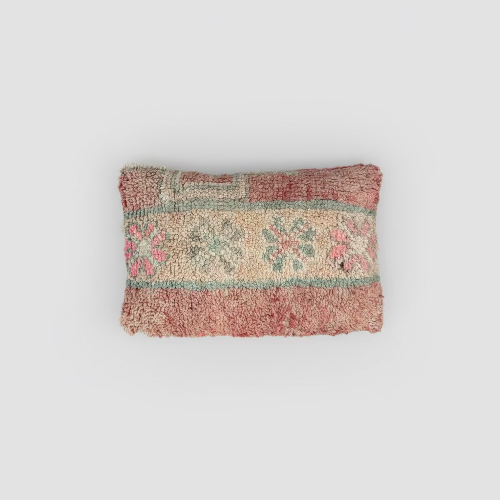 Handmade Boujaad Cushion Cover – Blush & Sage Floral 57×39cm