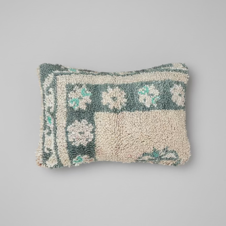 Handmade Boujaad Cushion Cover – Soft Green & Cream Floral 57×39cm