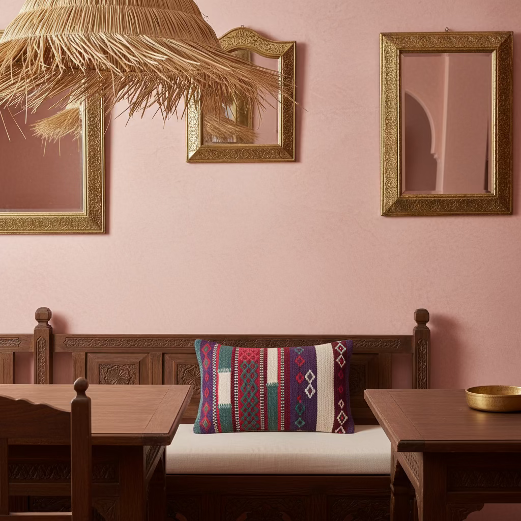 Handmade Boujaad Cushion Cover – Red, Green & Purple Pattern 57×39cm