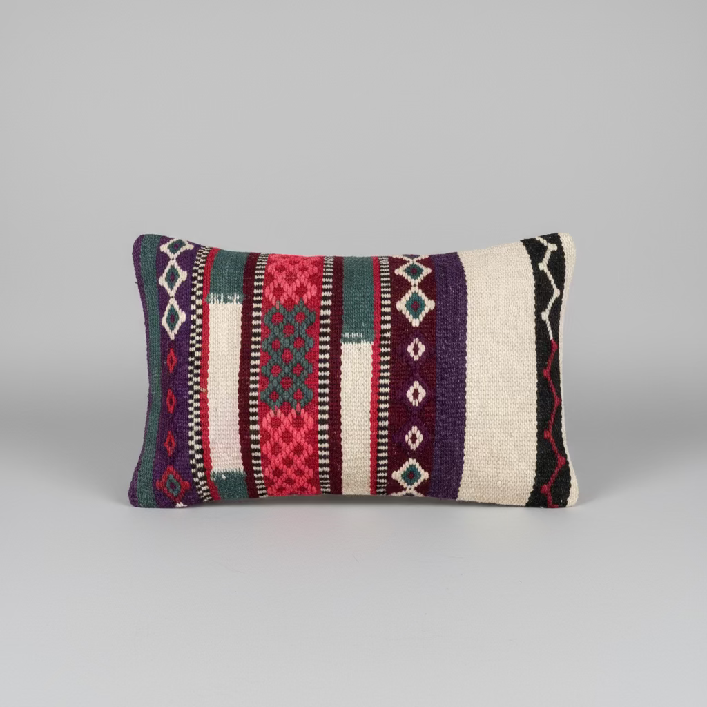 Handmade Boujaad Cushion Cover – Red, Green & Purple Pattern 57×39cm