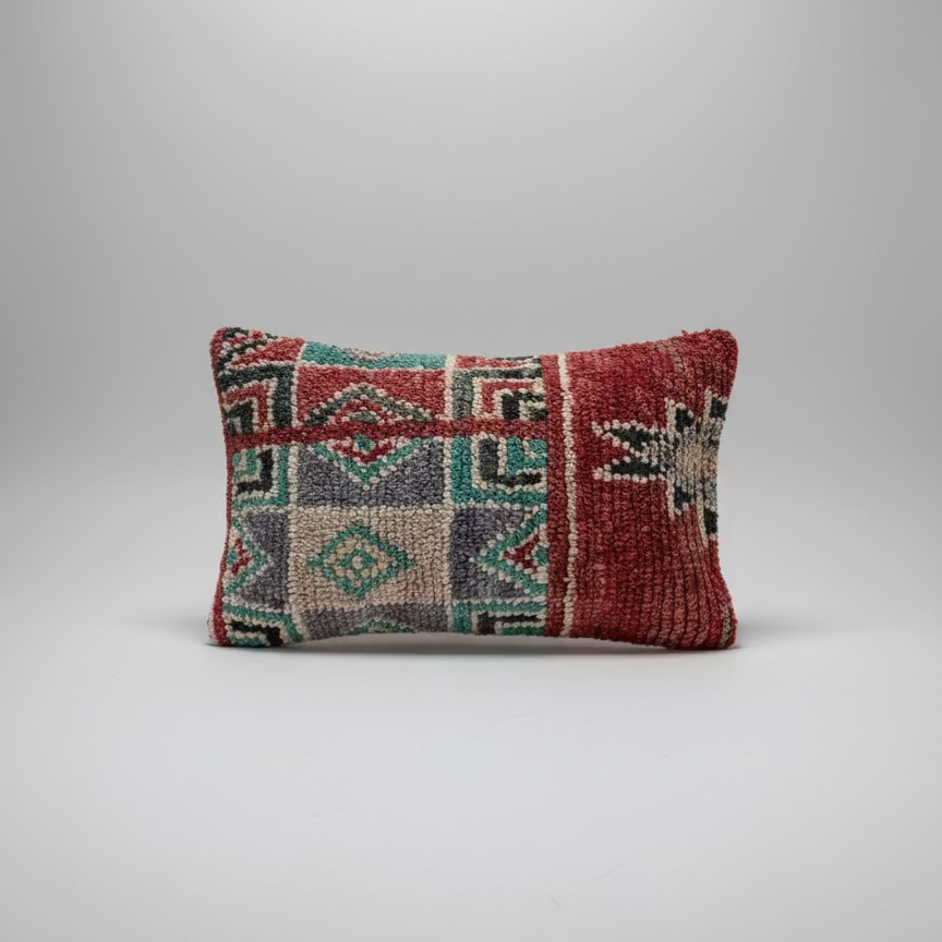 Handmade Boujaad Cushion Cover – Red, Teal & Cream Geometric 57×39cm