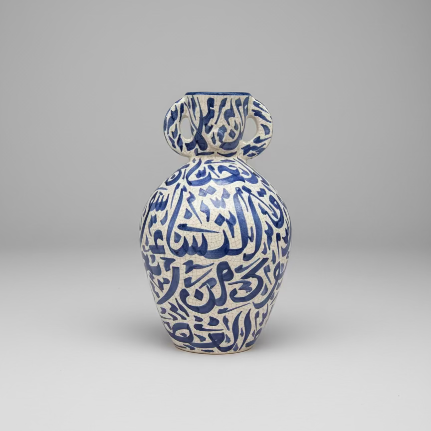 Hand-Painted Moroccan Calligraphy Vase – Indigo Ceramic Art (28cm)