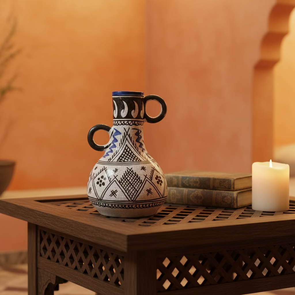 Hand-Painted Ceramic Vase – Black & Blue Design (25cm)