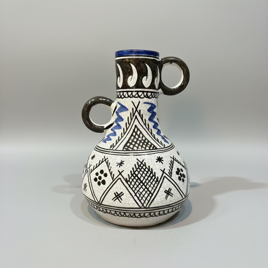 Hand-Painted Ceramic Vase – Black & Blue Design (25cm)