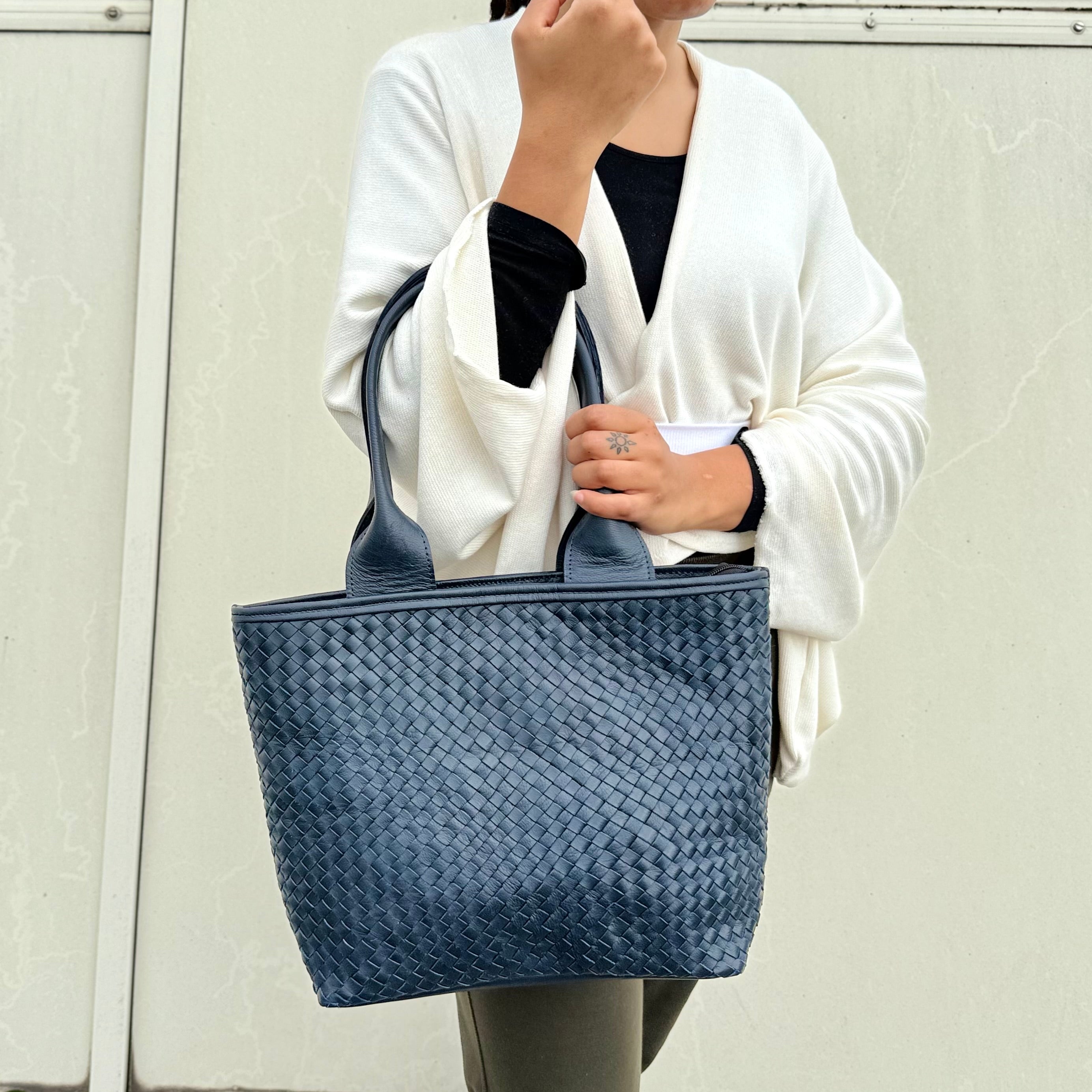 Woven Leather Tote Handbag Blue