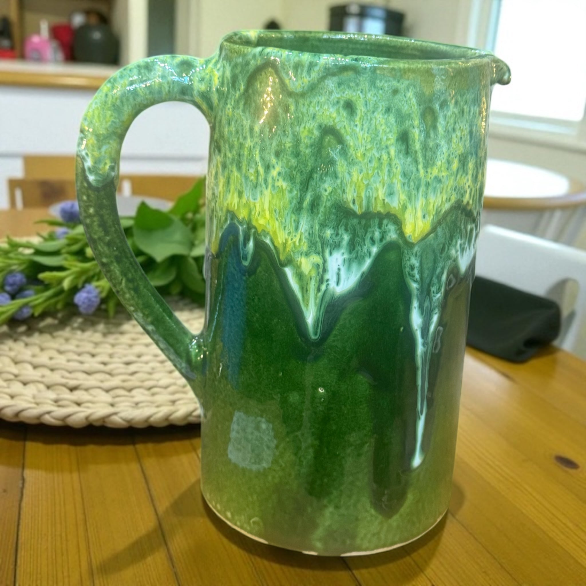 Decorative Moroccan Green Drip- Glazed Jug