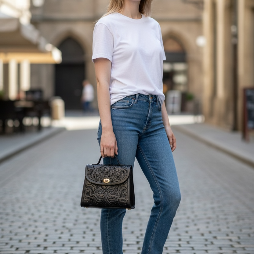 Jasmine Hand-Embossed  Black Leather Crossbody Bag – Artisan Satchel