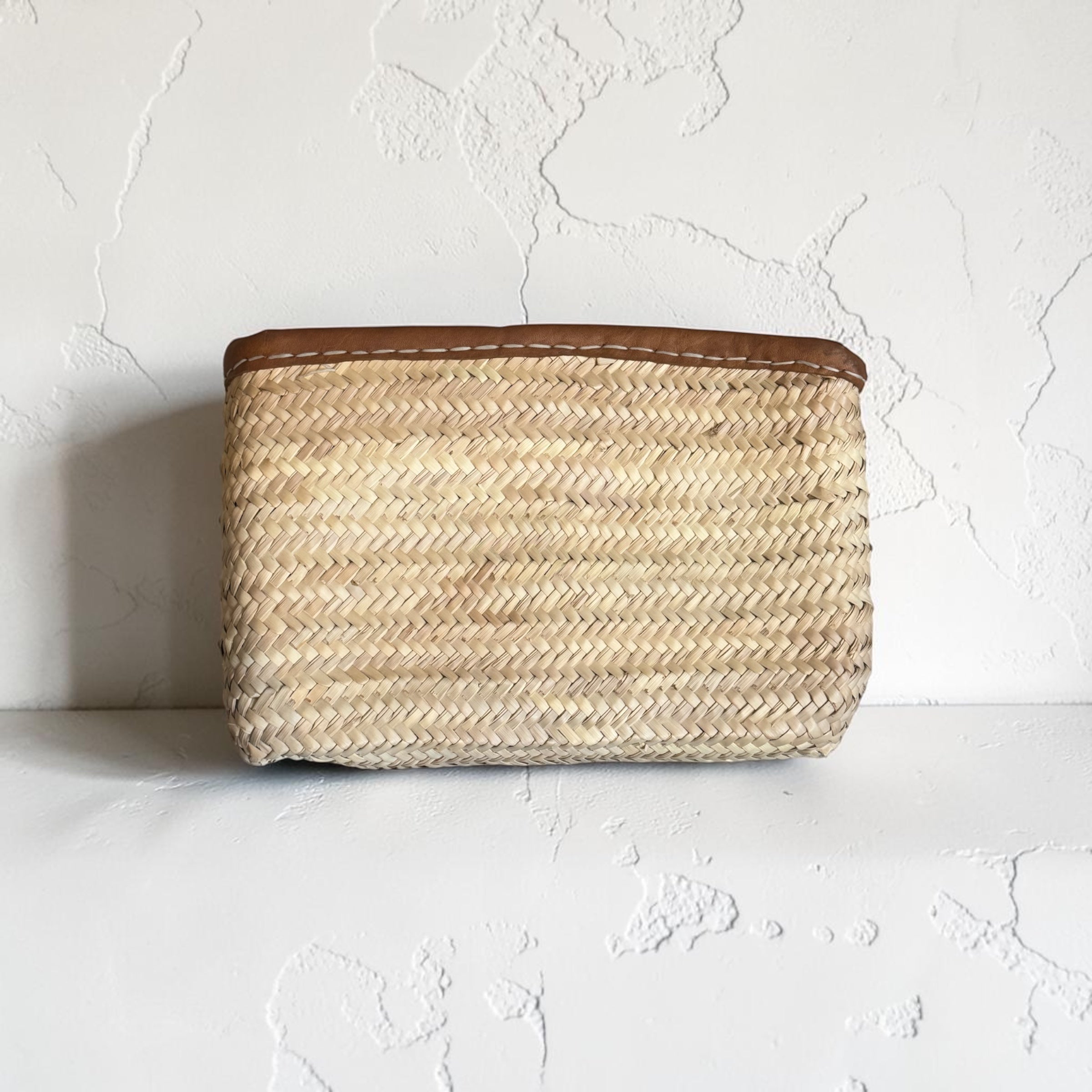 Handwoven Palm Leaf Clutch with Leather Trim