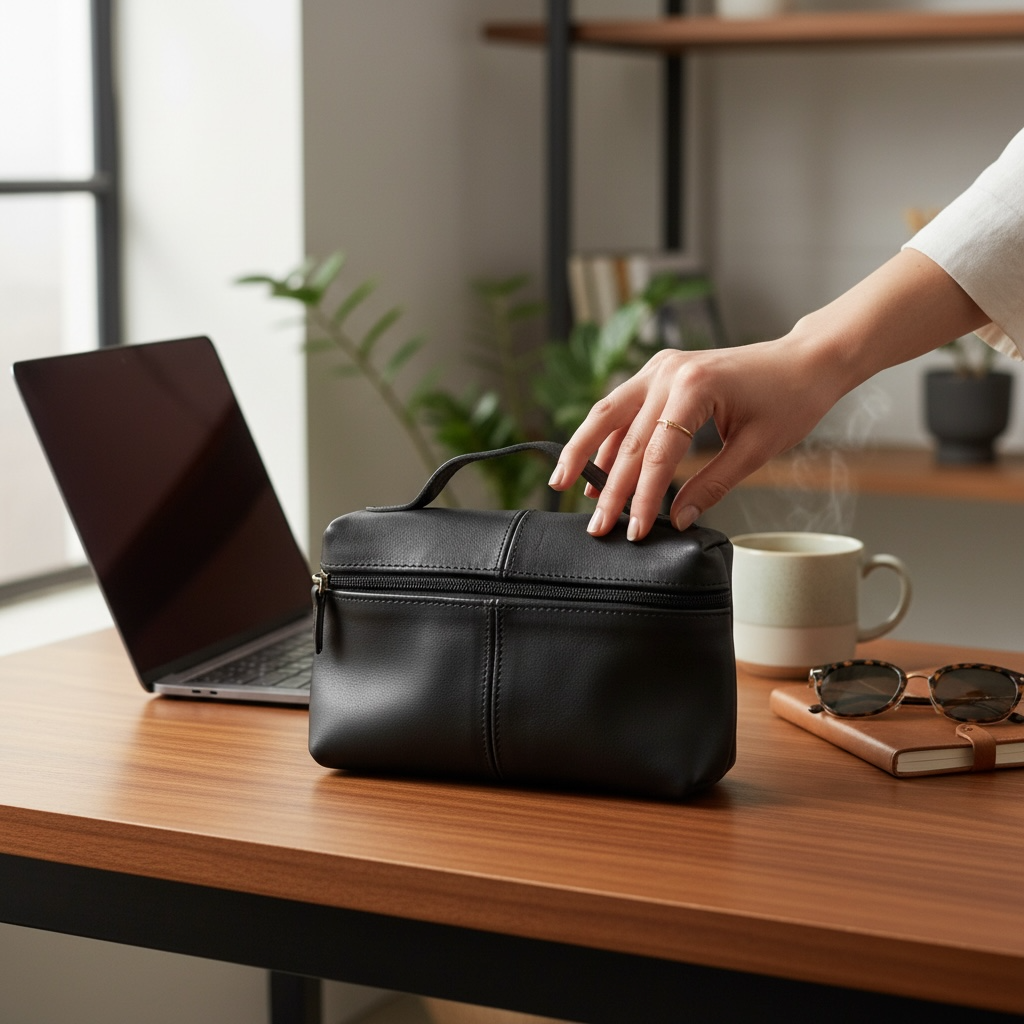 Black Leather Clutch & Essentials Organizer | Handcrafted Top-Handle Bag