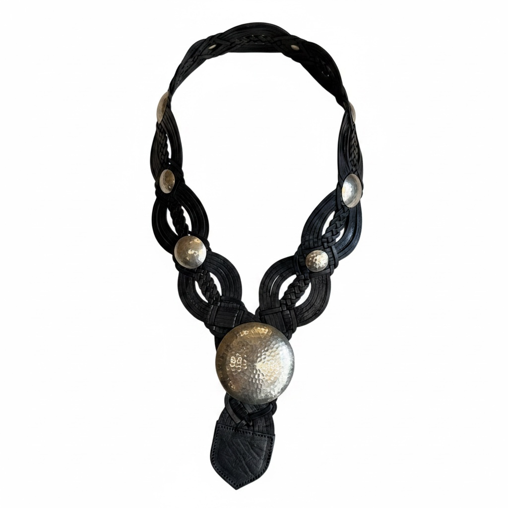 wide Black artisan Braided Leather Belt with Silver Buckles