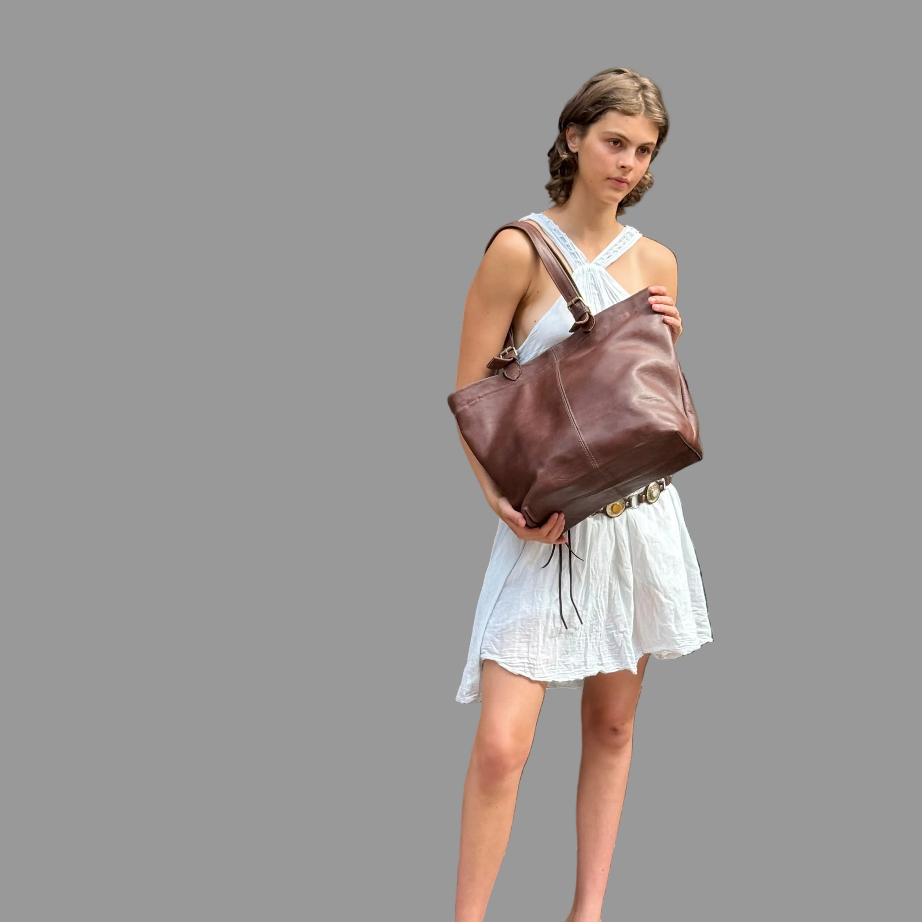 Leather 2 way Tote bag - Dark Brown