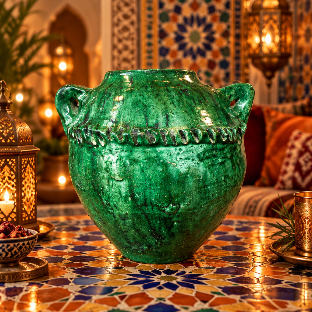 A large green glazed ceramic vase with two side handles and a decorative ridged band around the middle, photographed on a tiled floor in a rustic indoor setting.
