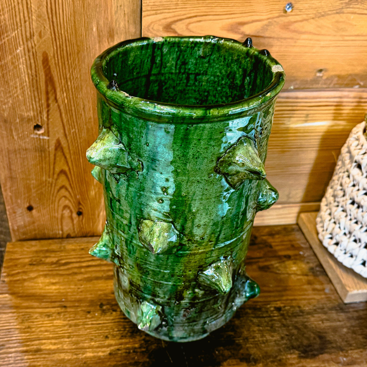 Tall emerald green Tamegroute ceramic vase with handcrafted ceramic spikes⁠