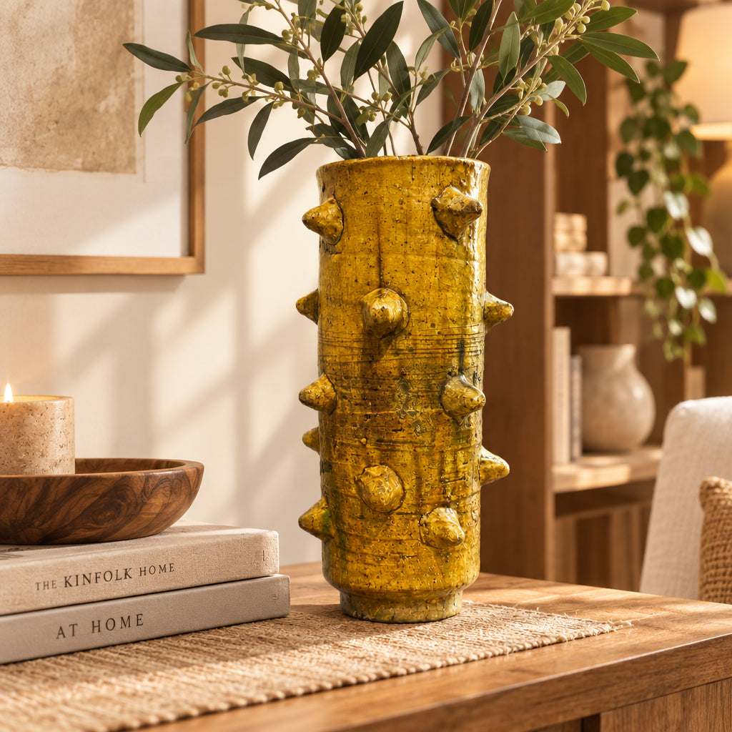 Handcrafted Tamegroute Mustard Yellow Spiked Ceramic Vase