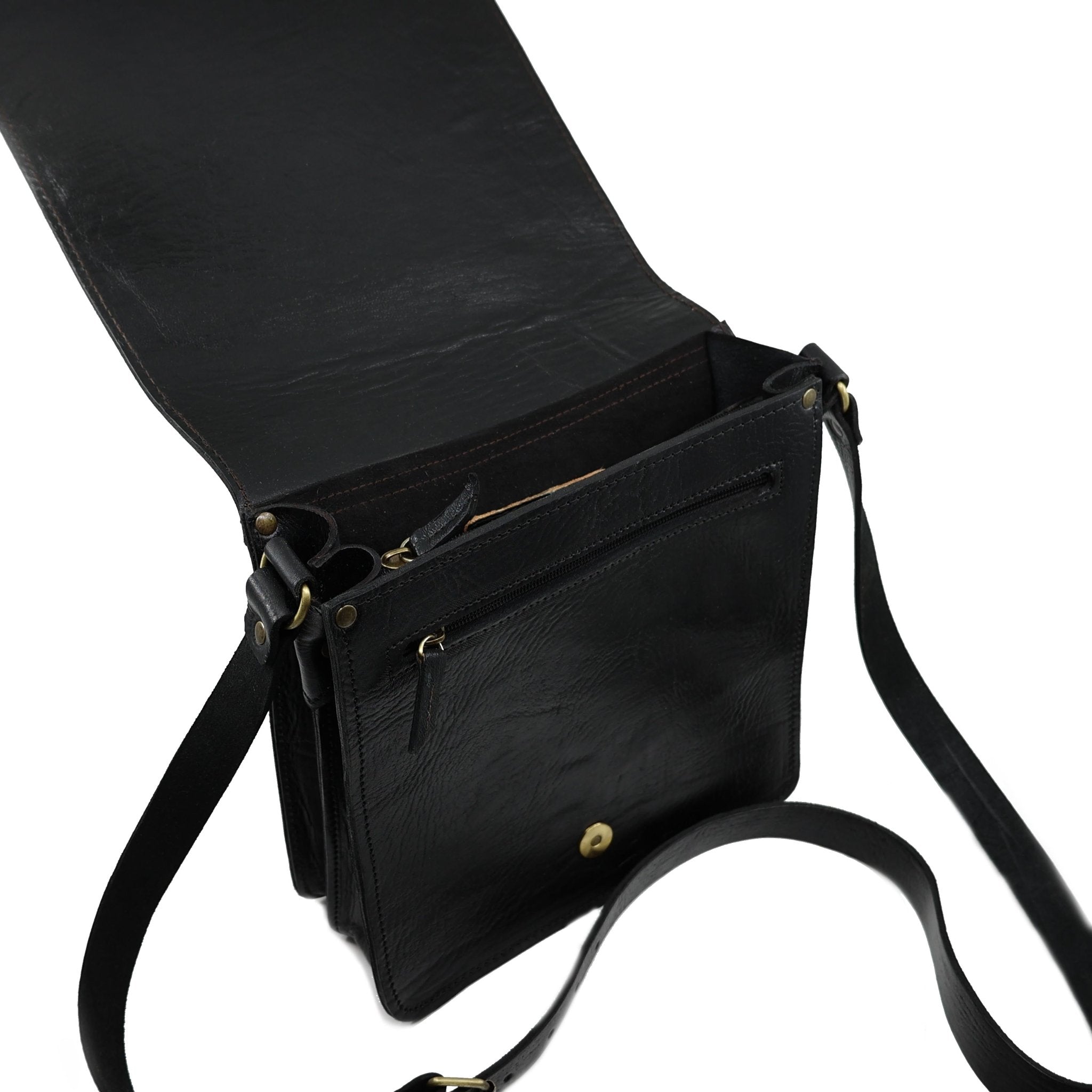 Black leather Midi Messenger Bag - Artisan Stories