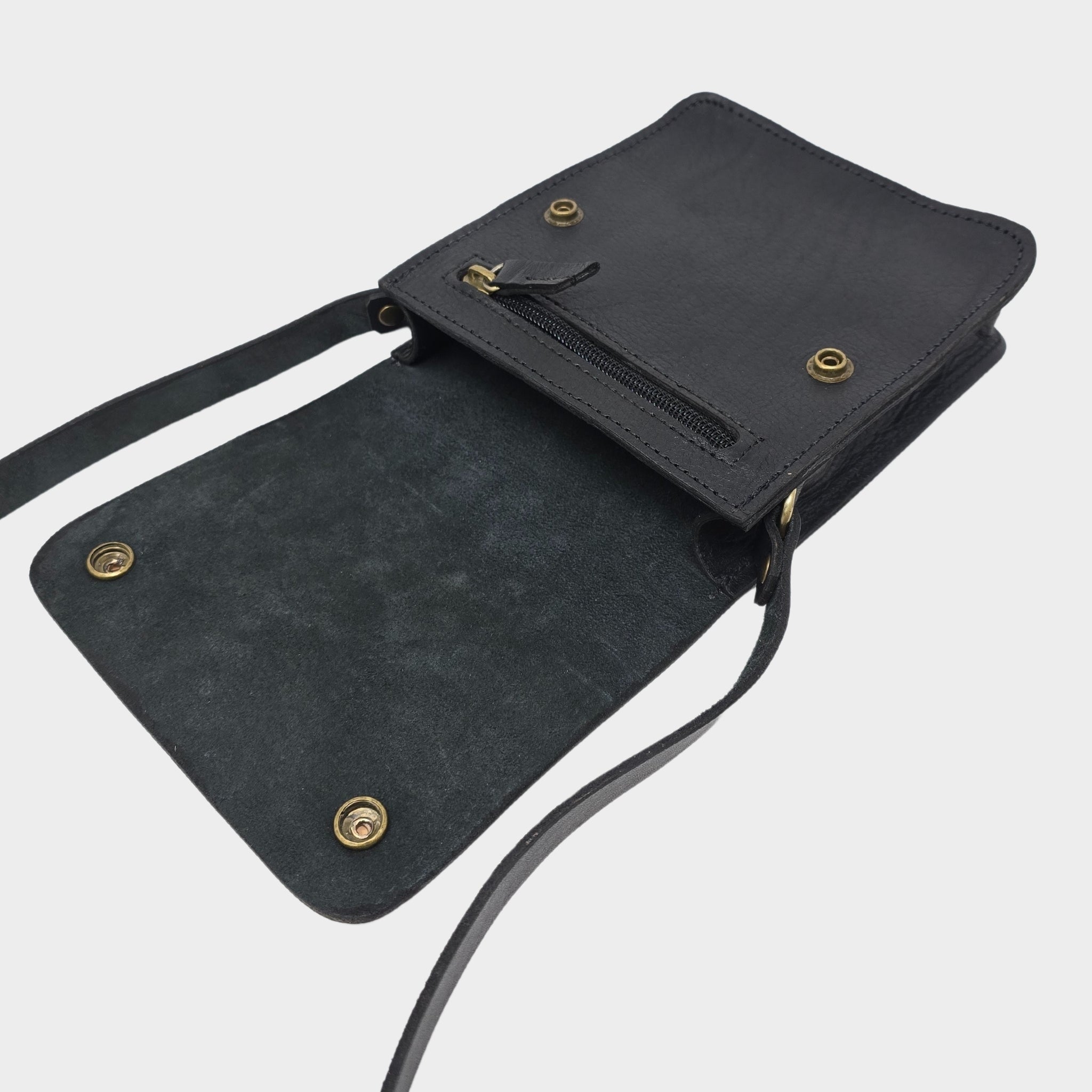 Black Small Leather Crossbody Bag with Pop Bag Closure - Artisan Stories