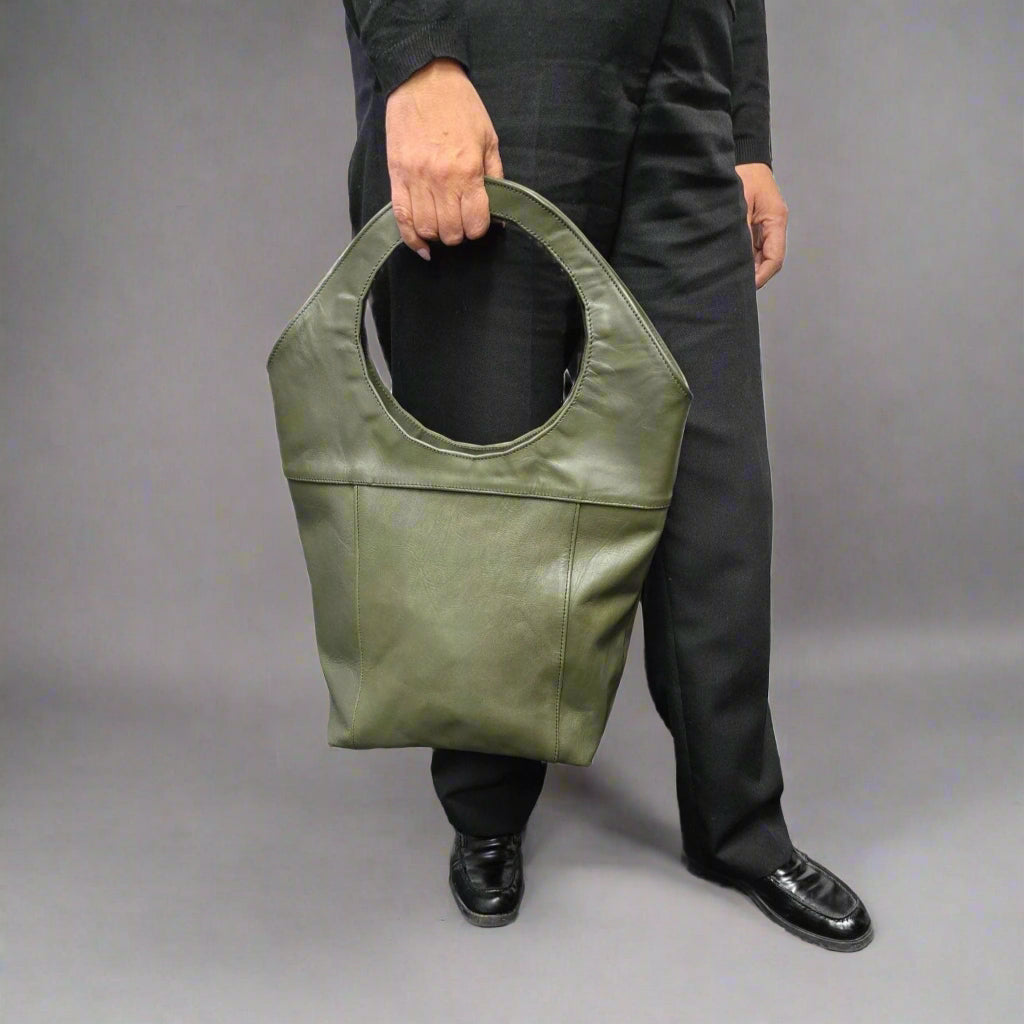 Bob Leather Tote Khaki Green - Artisan Stories