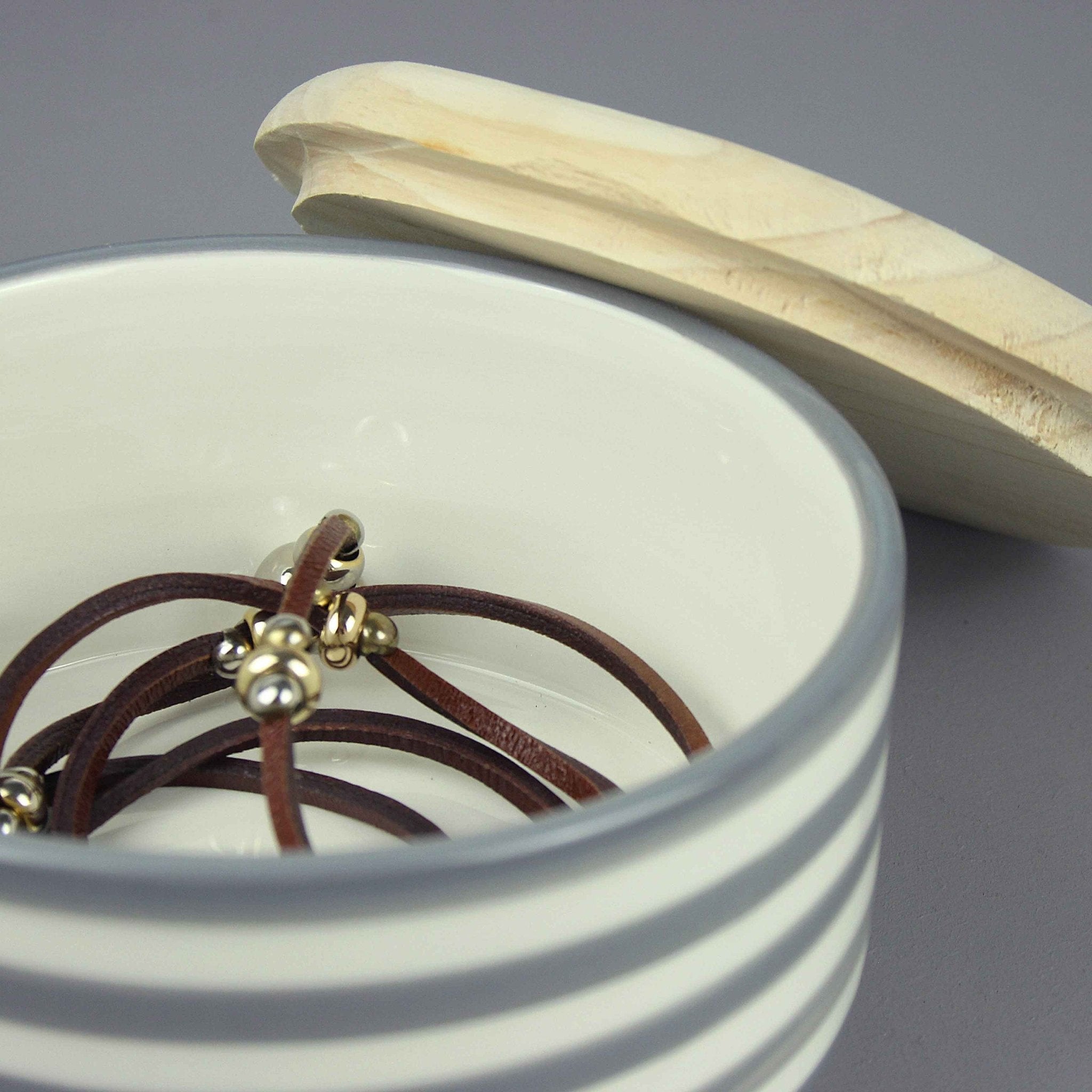 Ceramic Striped Dish Storage with wooden lid - Artisan Stories