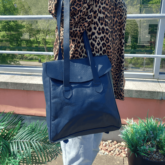 Convertible Leather Tote Backpack Cleo In Navy Blue - Artisan Stories