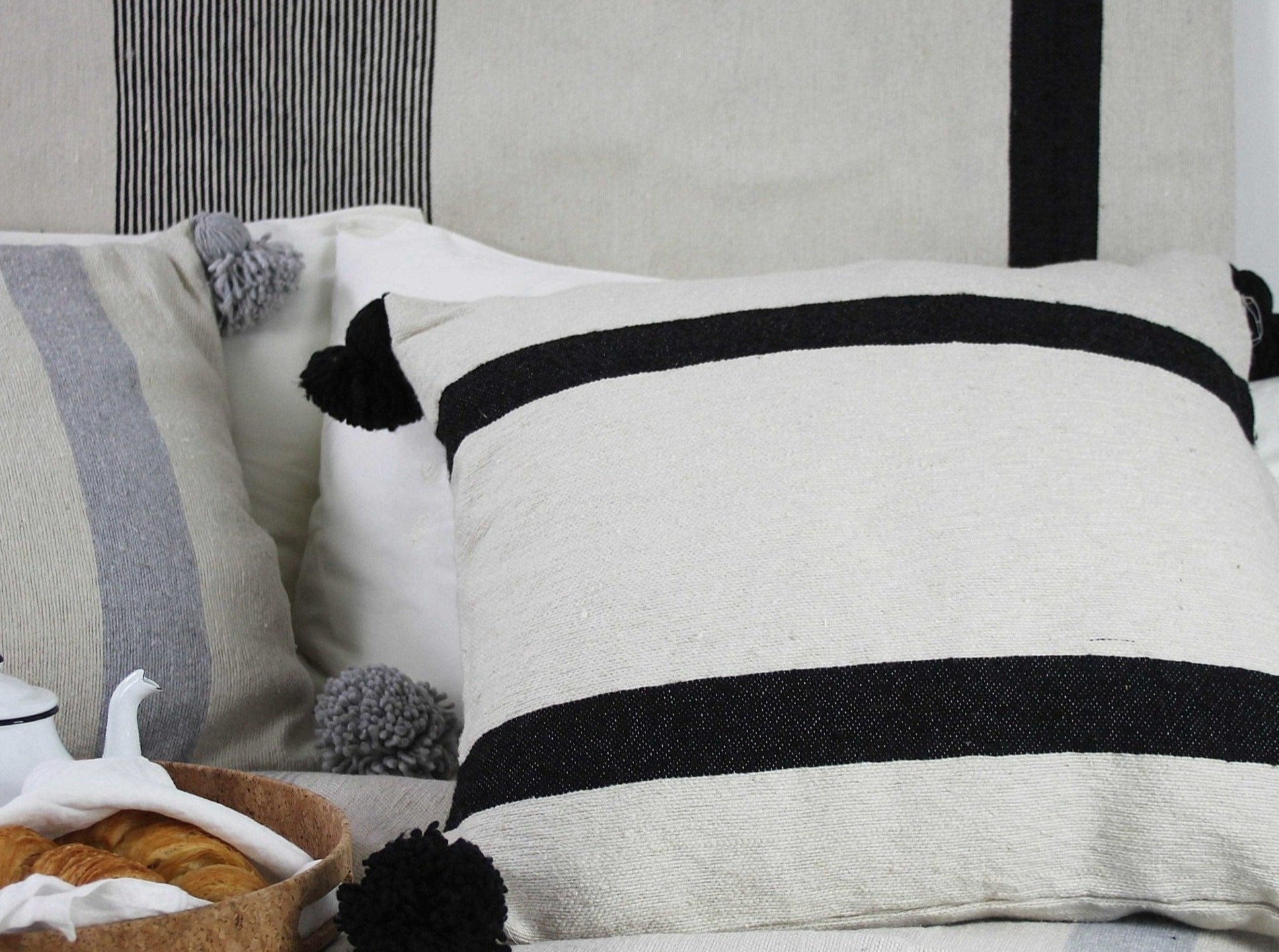 Cream Striped Pom Pom Cushions - Artisan Stories