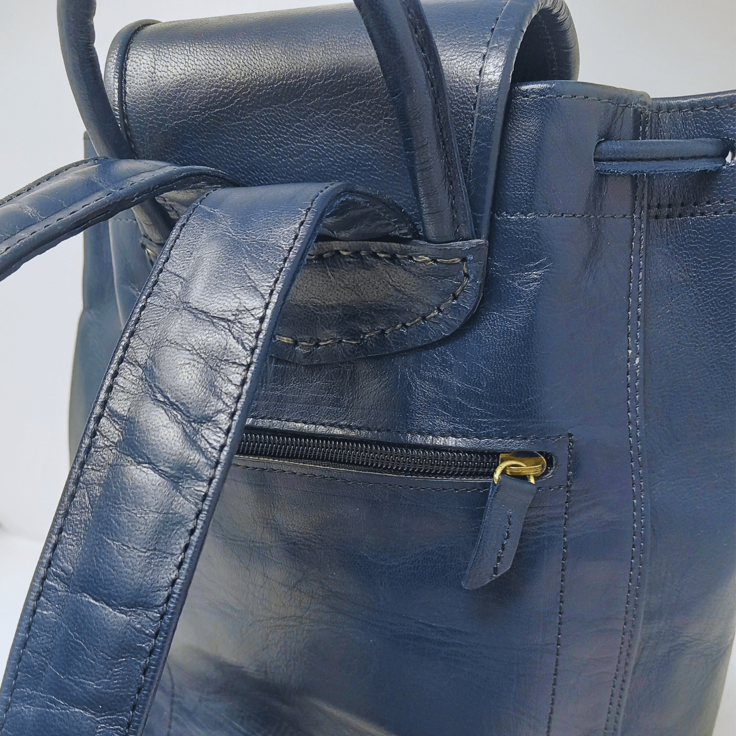 Drawstring Leather Backpack Navy Blue Sac A Do - Artisan Stories