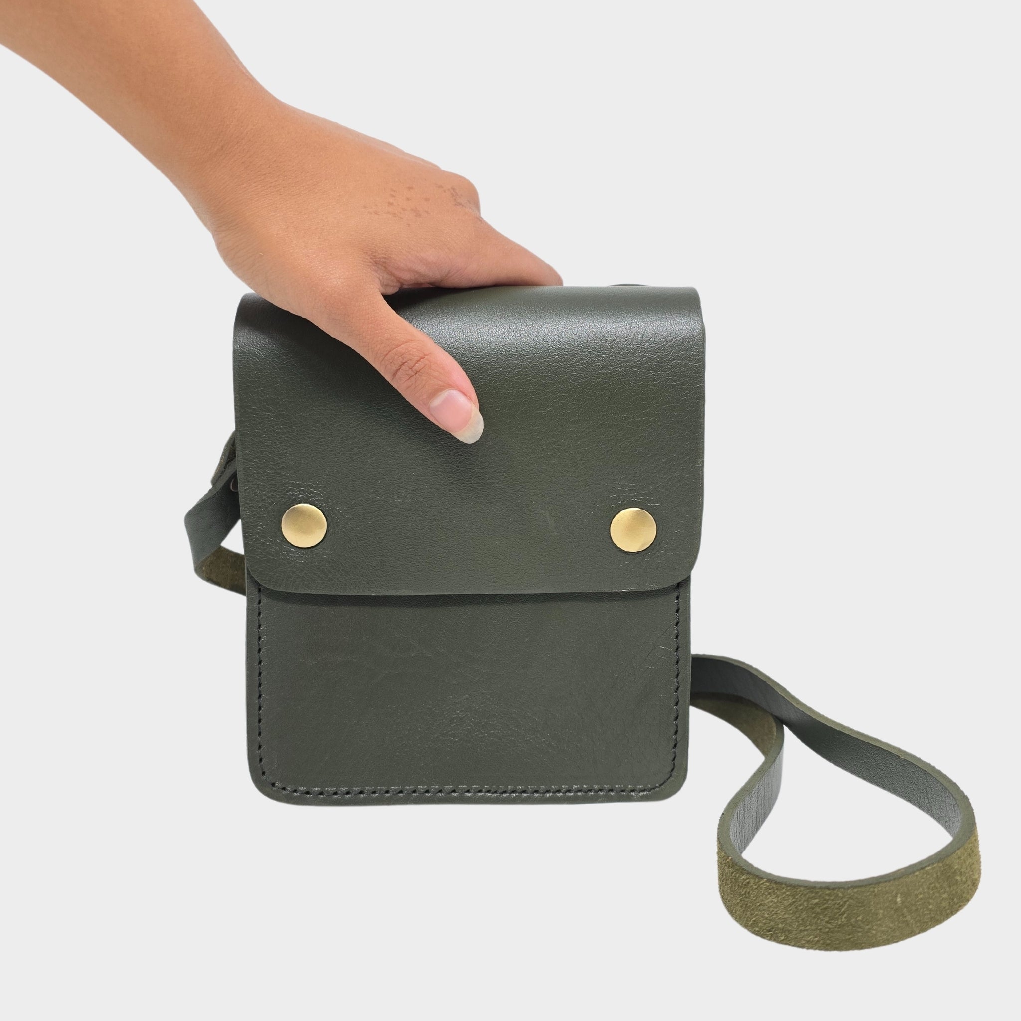 Green Small Leather Crossbody Bag with Pop Closure - Artisan Stories