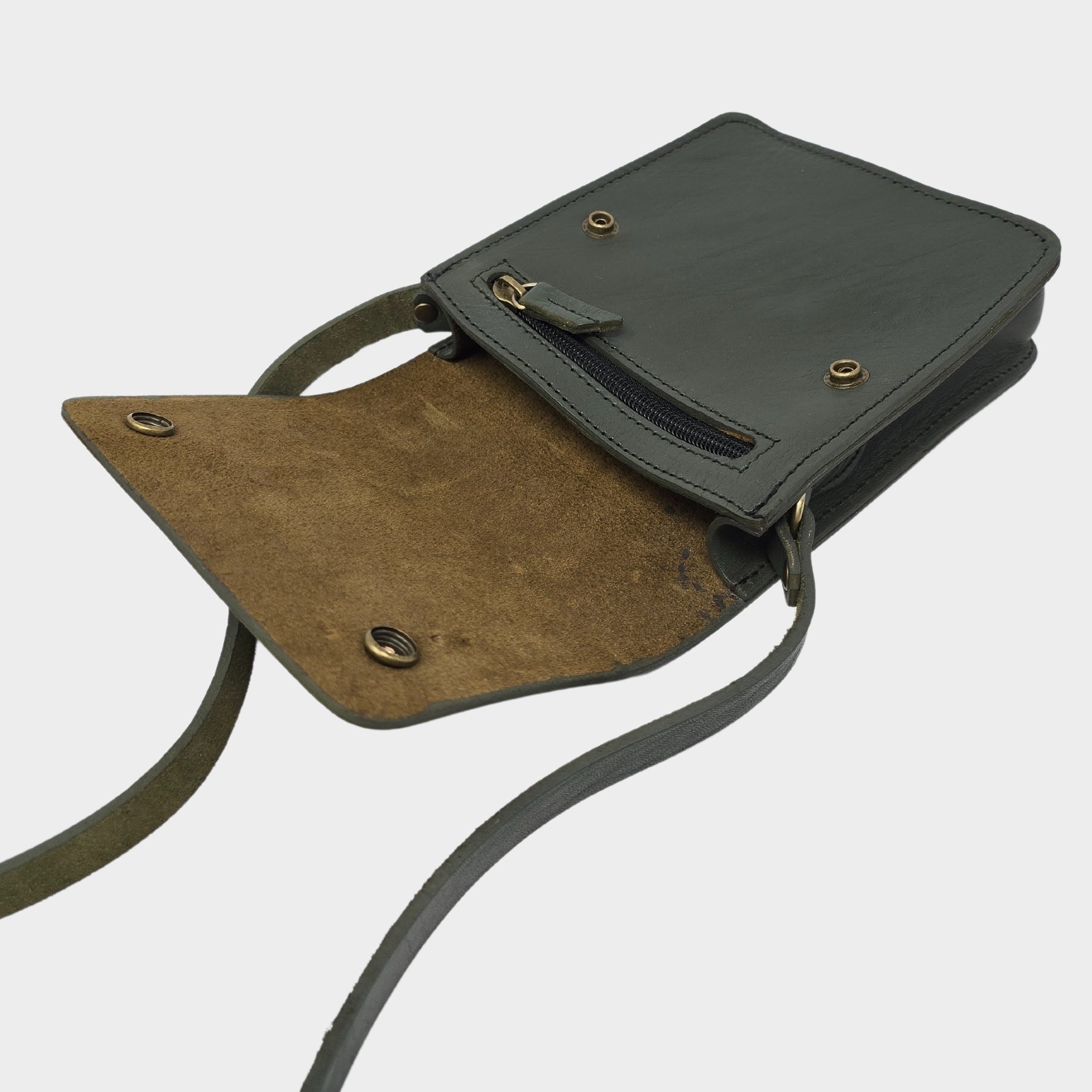 Green Small Leather Crossbody Bag with Pop Closure - Artisan Stories