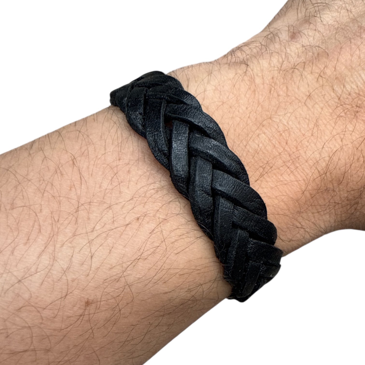 handmade braided leather bracelet in black worn on wrist