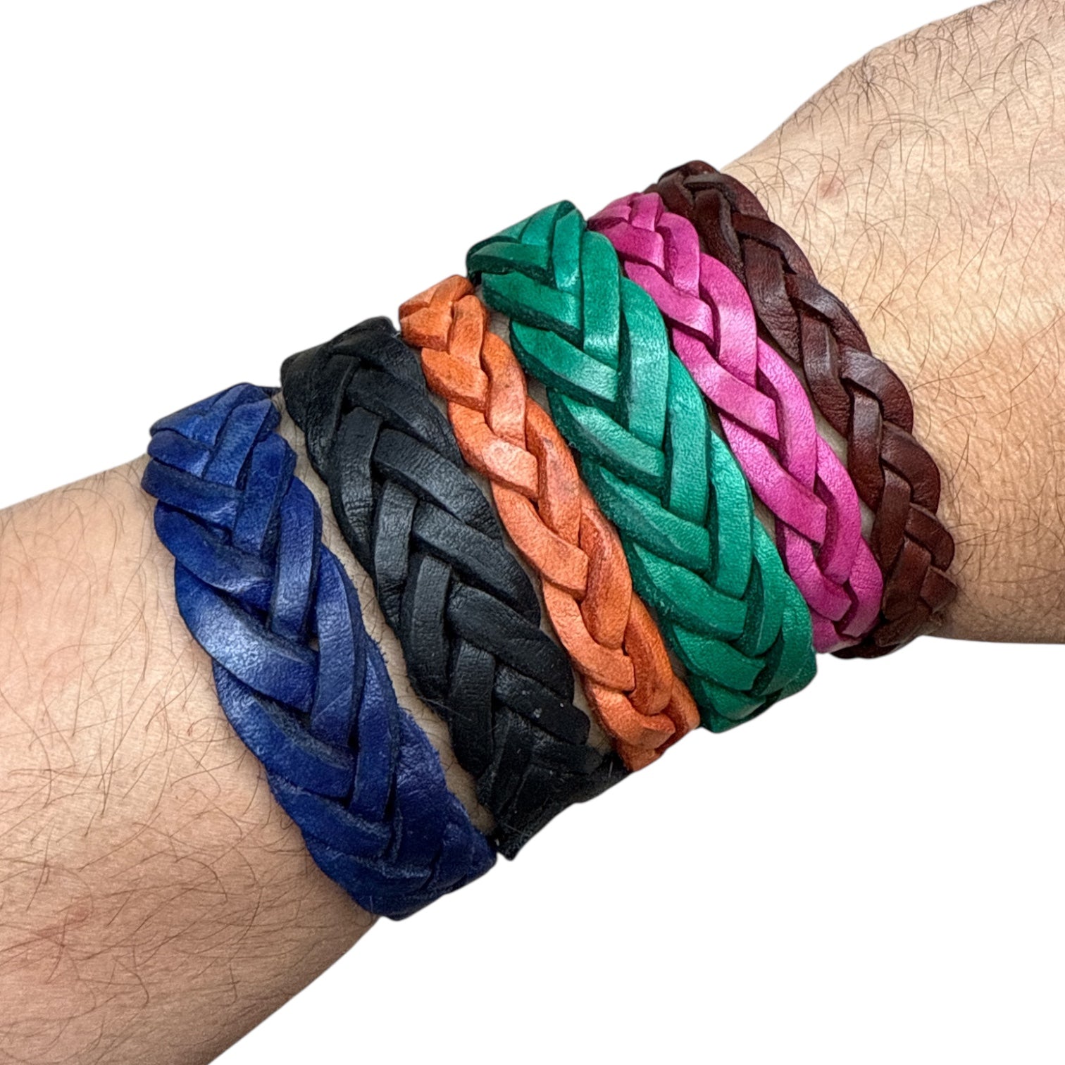 handmade braided leather bracelet set in blue black orange green pink and brown colors
