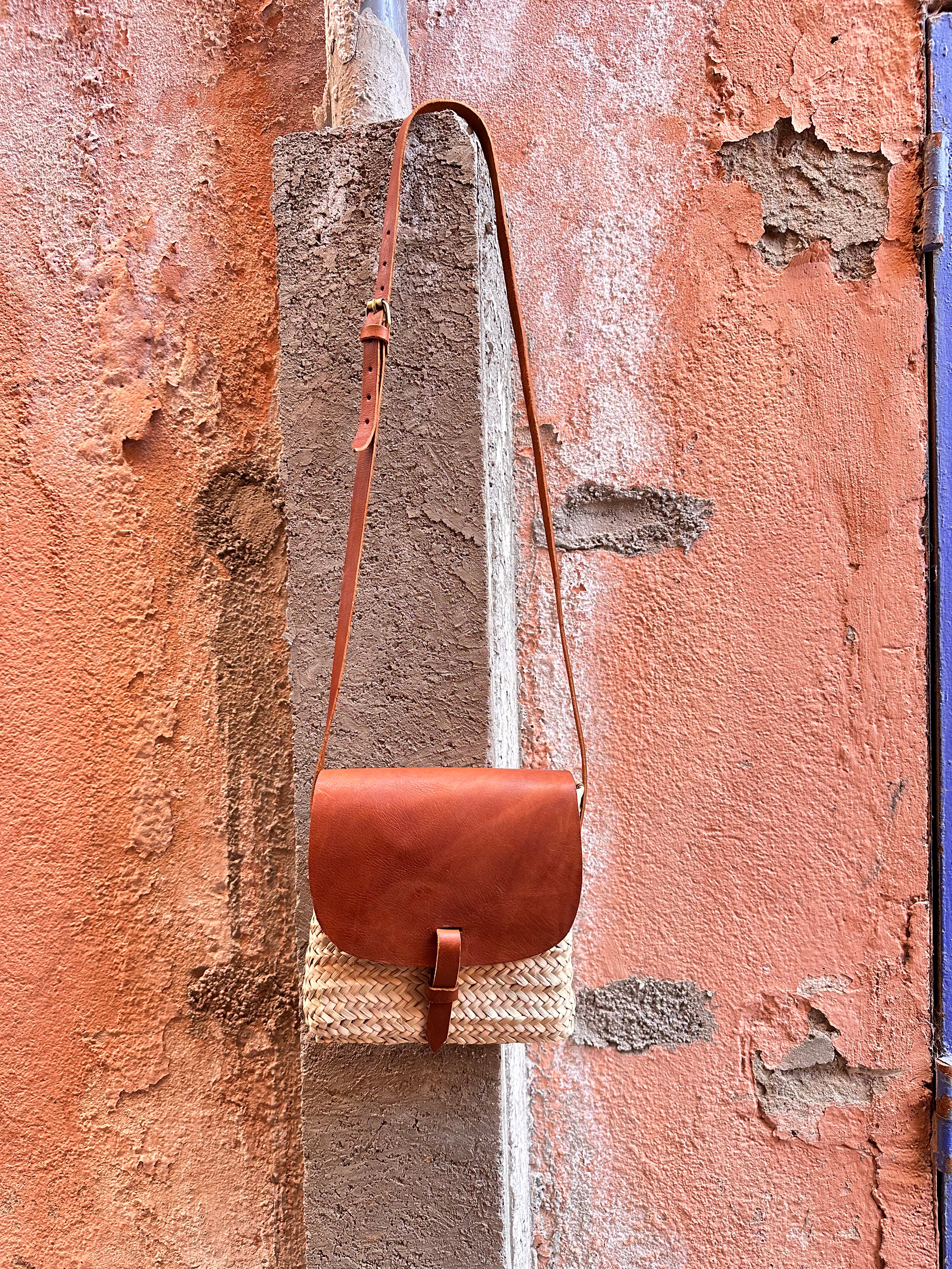 Palm Leaves Square Bag With Leather Flap