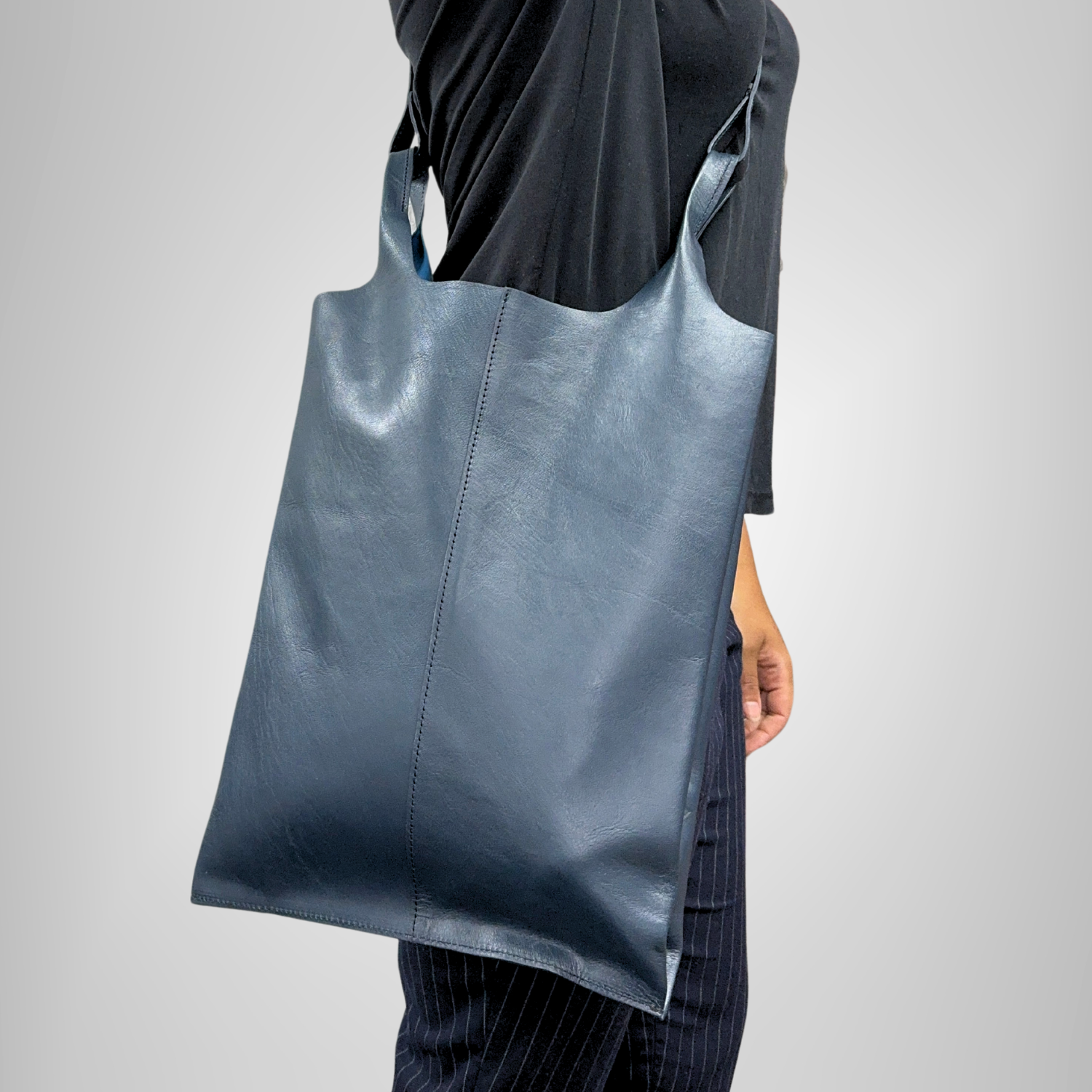 Tote Bag Handheld or Crossbody Carrier Leather Navy Blue