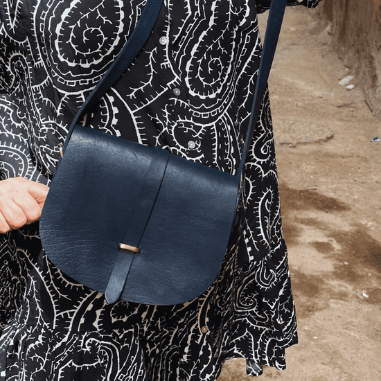 Loop Closure Leather Saddle Bag Sam Crossbody - Navy Blue - Artisan Stories