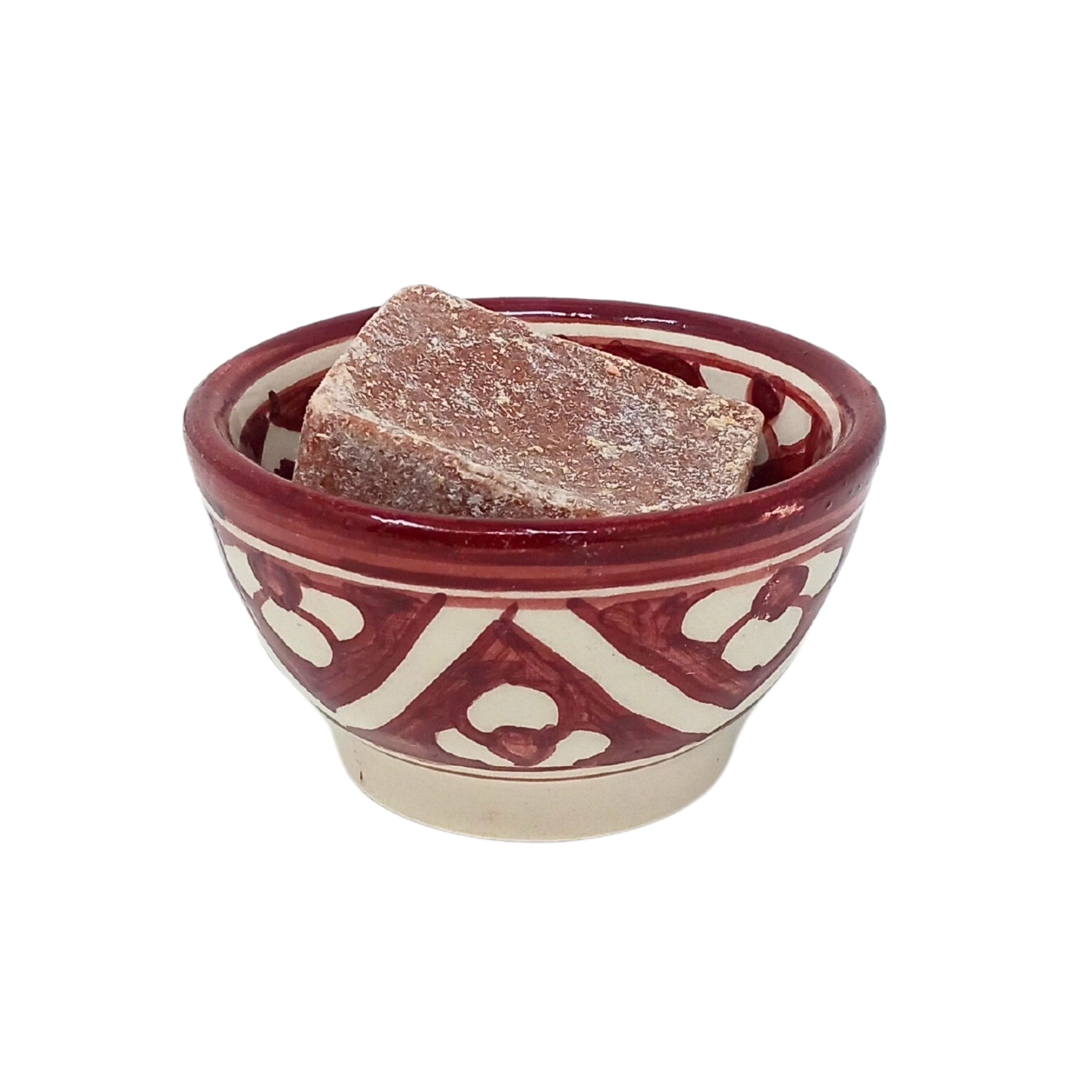 picture of handcrafted Moroccan ceramic bowl with a burgundy artistic hand painted pattern and amber inside