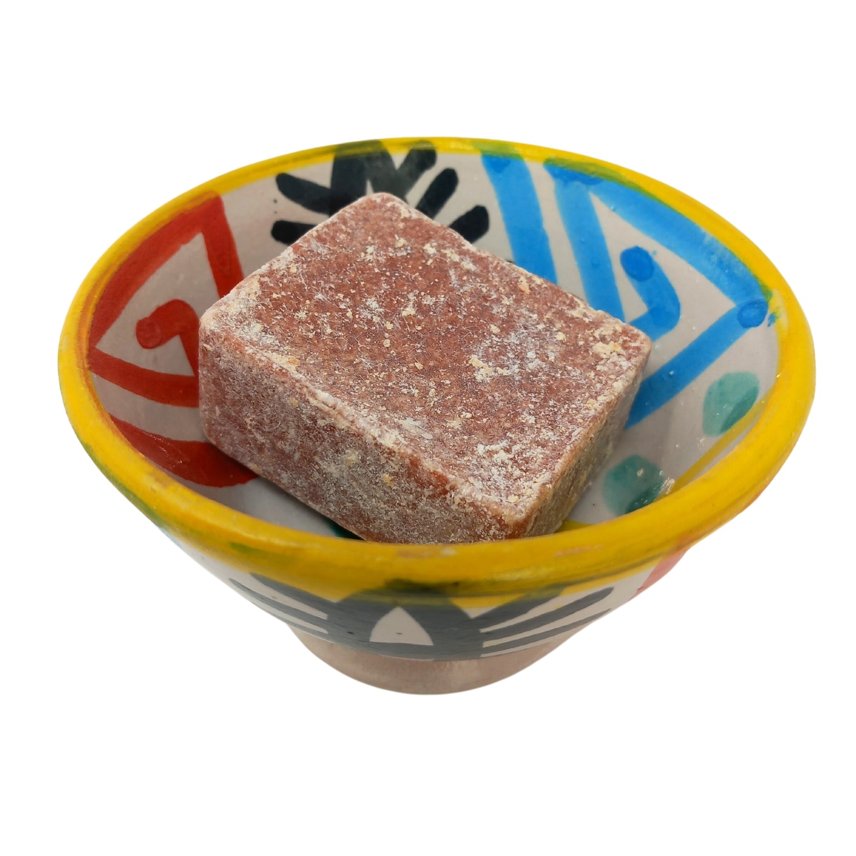 picture of handcrafted Moroccan ceramic bowl with a colourful artistic hand painted pattern and amber inside