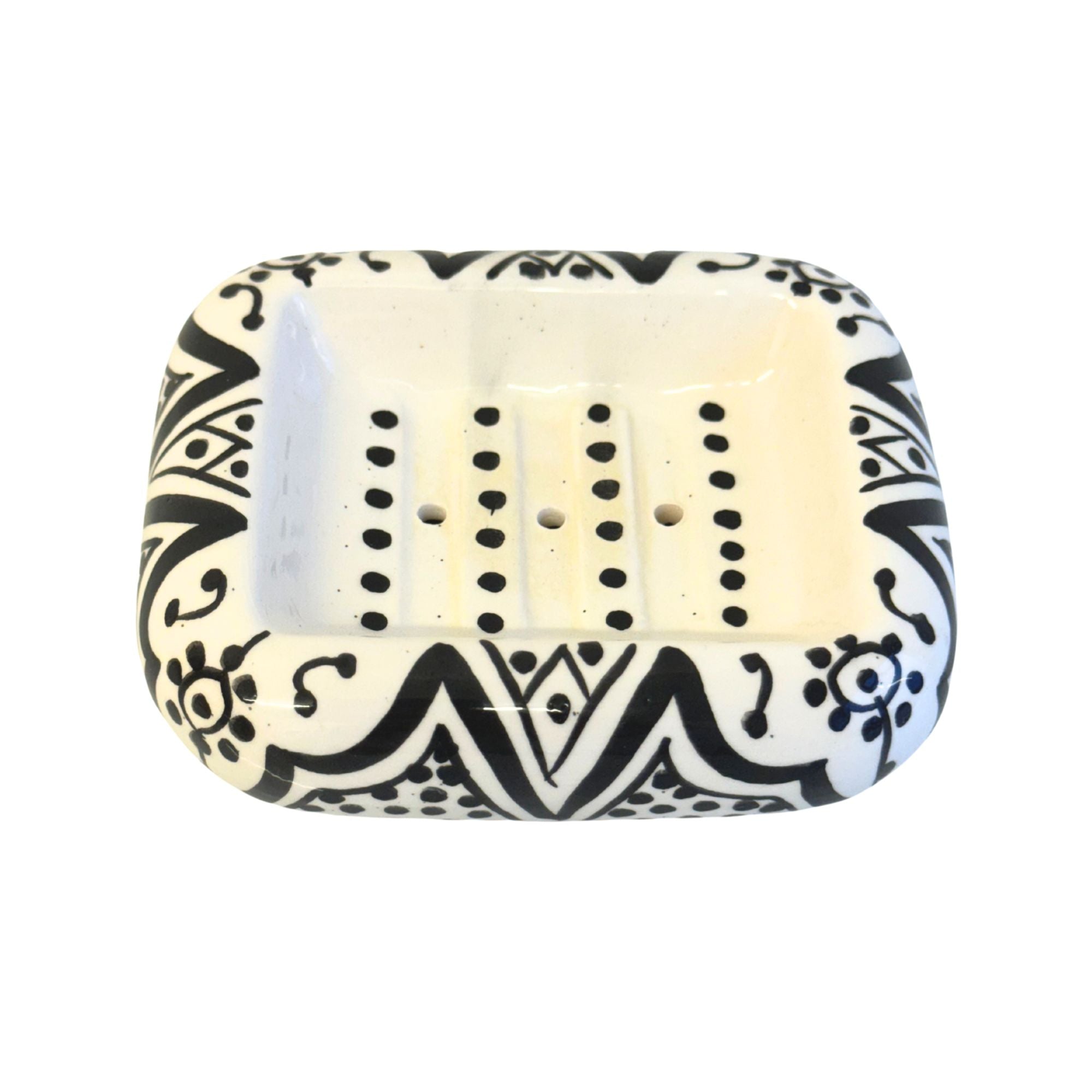 picture of handcrafted Moroccan ceramic soap dish with intricate Safa pattern