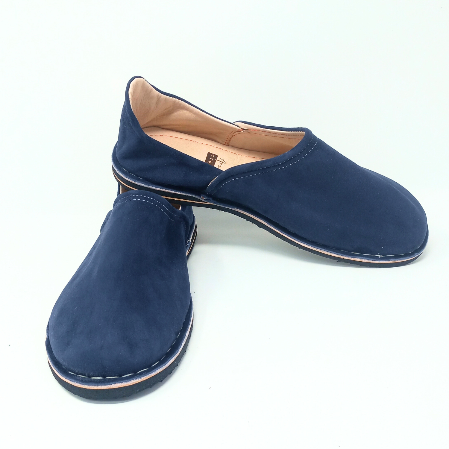 Herren-Slipper aus Leder in Grau/Blau