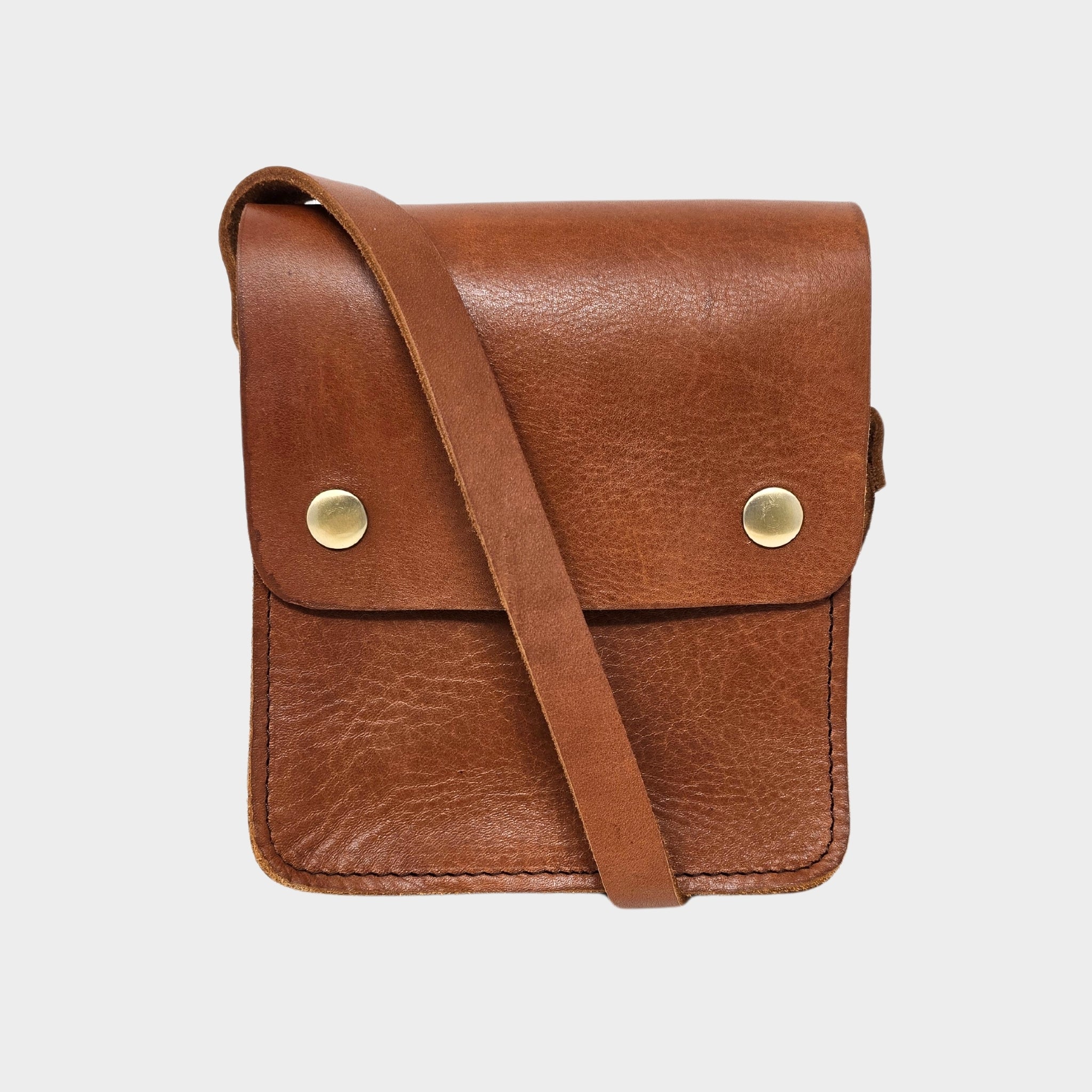 Tan Small Leather Crossbody Bag with Pop Closure - Artisan Stories