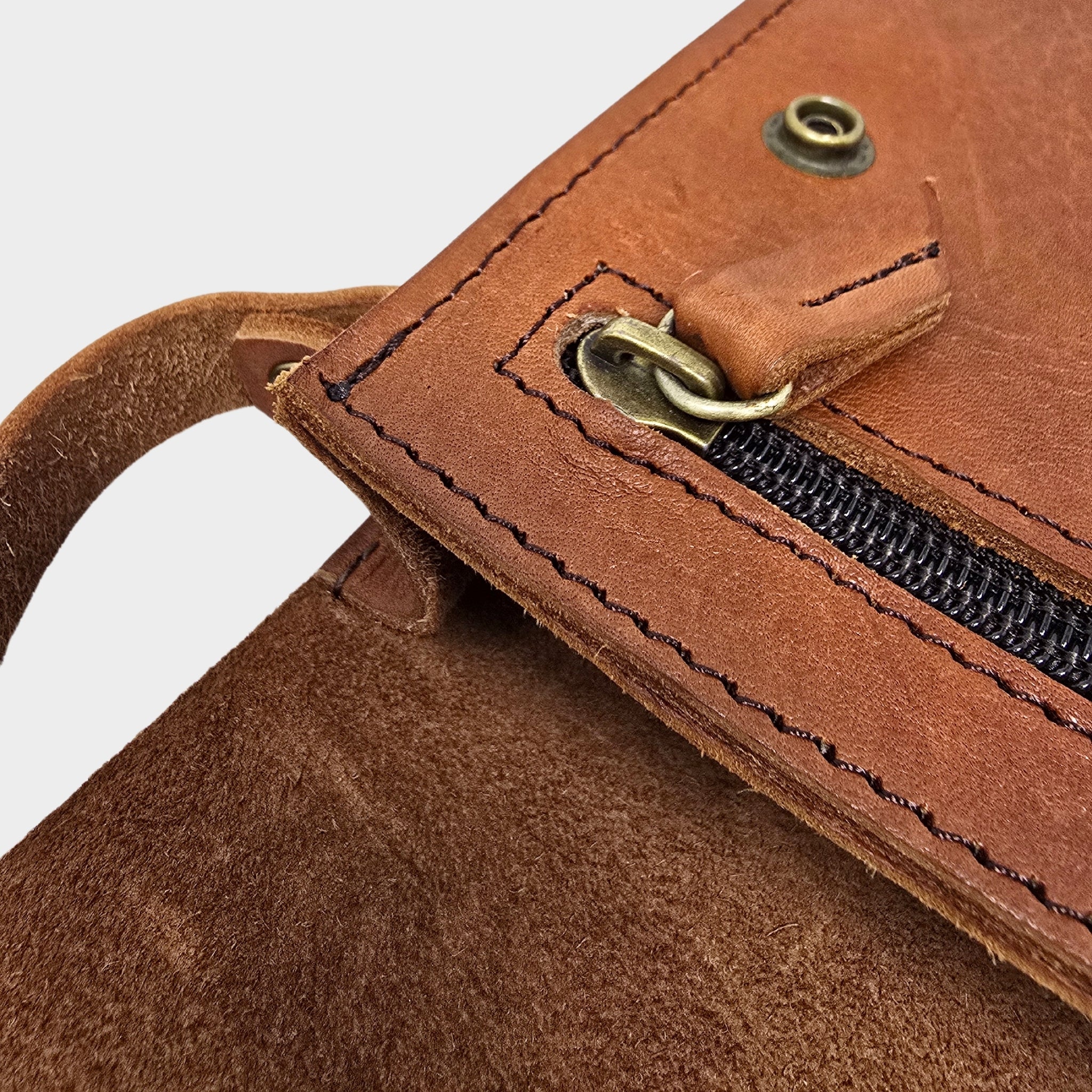 Tan Small Leather Crossbody Bag with Pop Closure - Artisan Stories